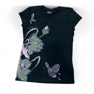 DKNY Black  Floral Graphic Tee with Purple Accents